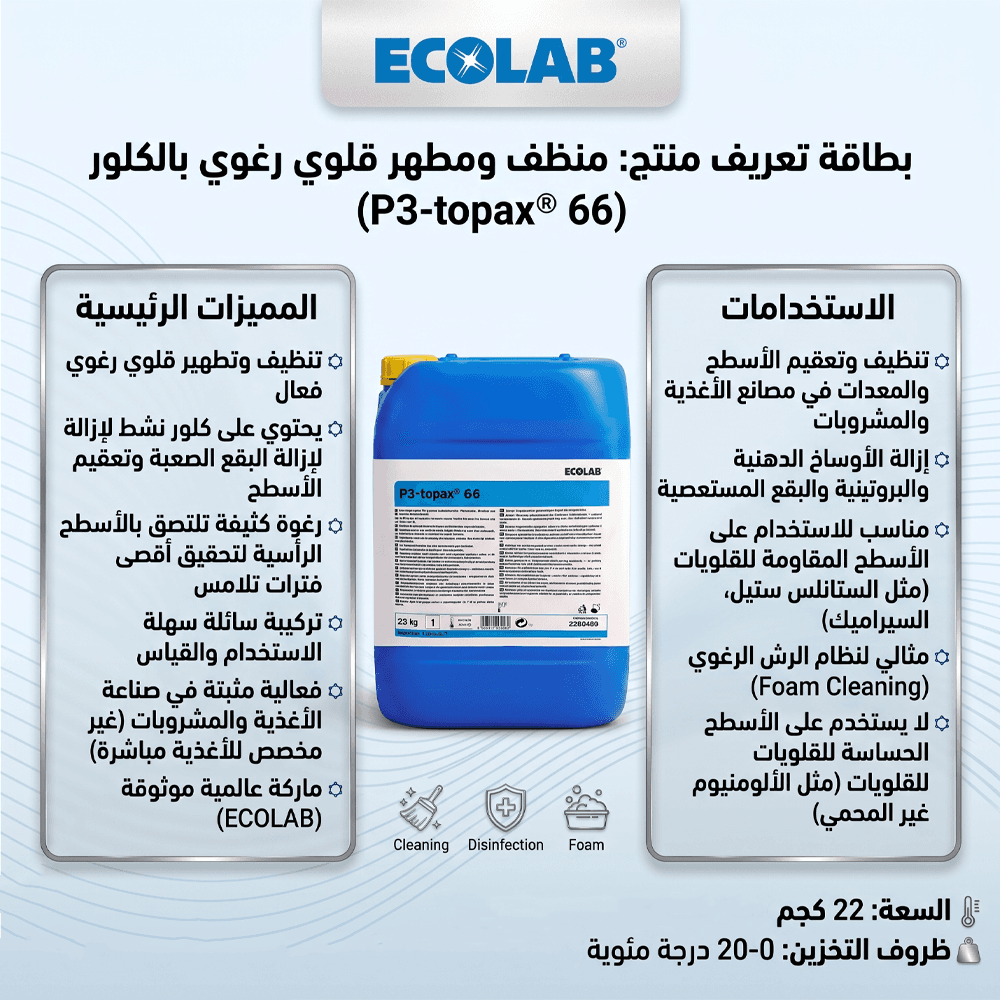 منظف ومطهر قلوي رغوي بالكلور P3-topax 66 من إيكولاب (Ecolab) - 22 كجم